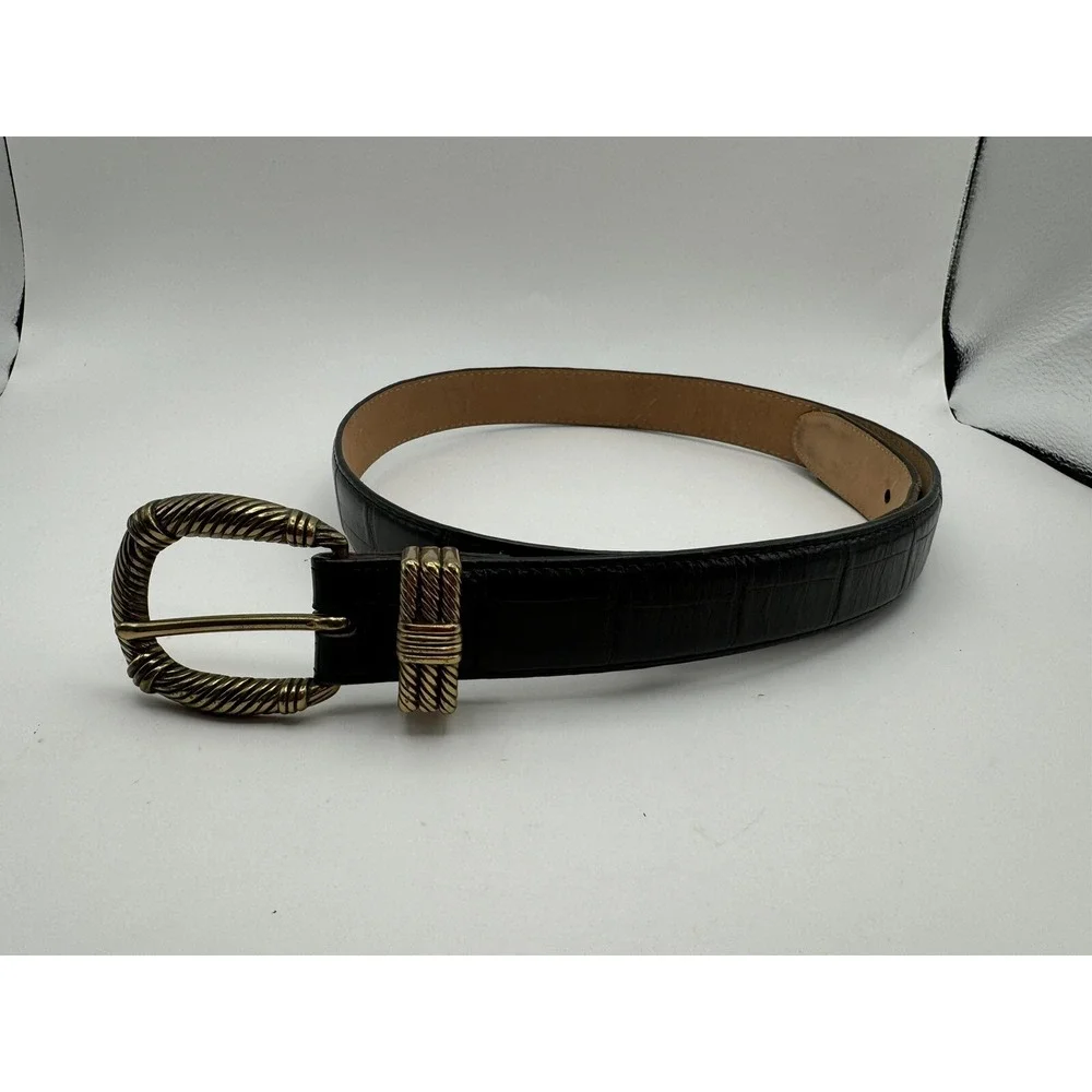 Brighton‎ Sz L Black Leather Crocodile Print Fashion Belt Brass Buckle 50123